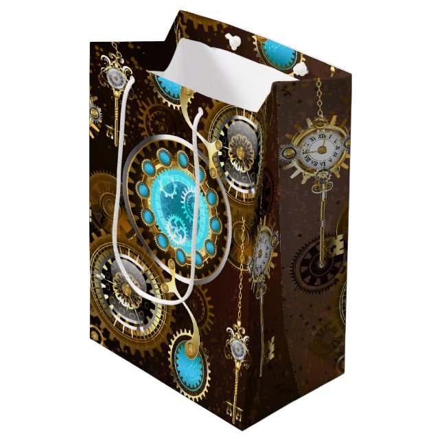 Steampunk Rusty Hintergrund mit türkisfarbenen Lin Mittlere Geschenktüte (Vorderseite Schrägansicht)