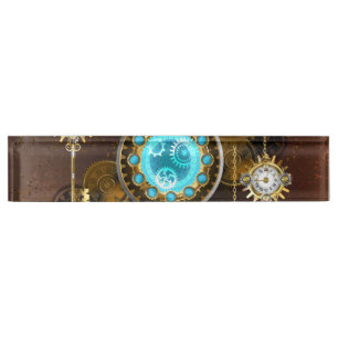 Steampunk Rusty Hintergrund mit türkisfarbenen Lin Namensplakette
