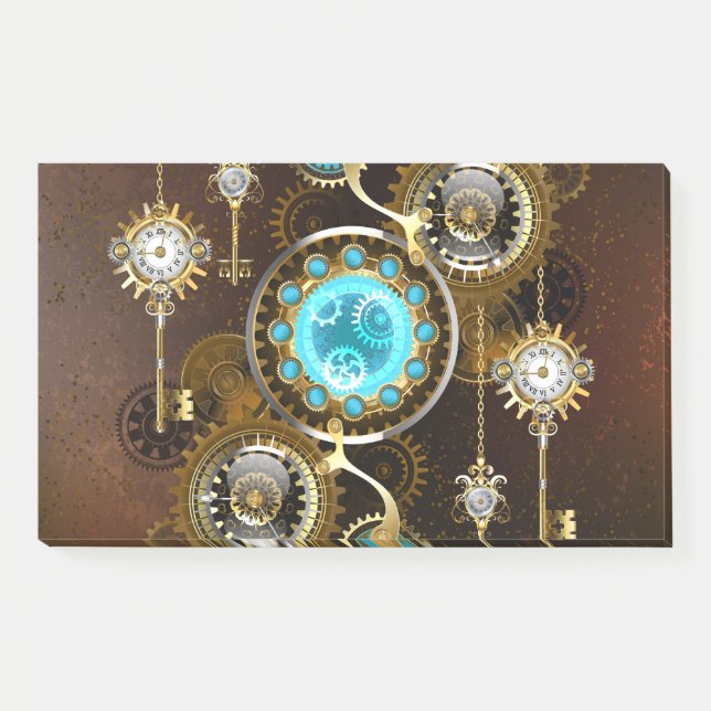 Steampunk Rusty Hintergrund mit türkisfarbenen Lin Post-it Klebezettel (Vorderseite)