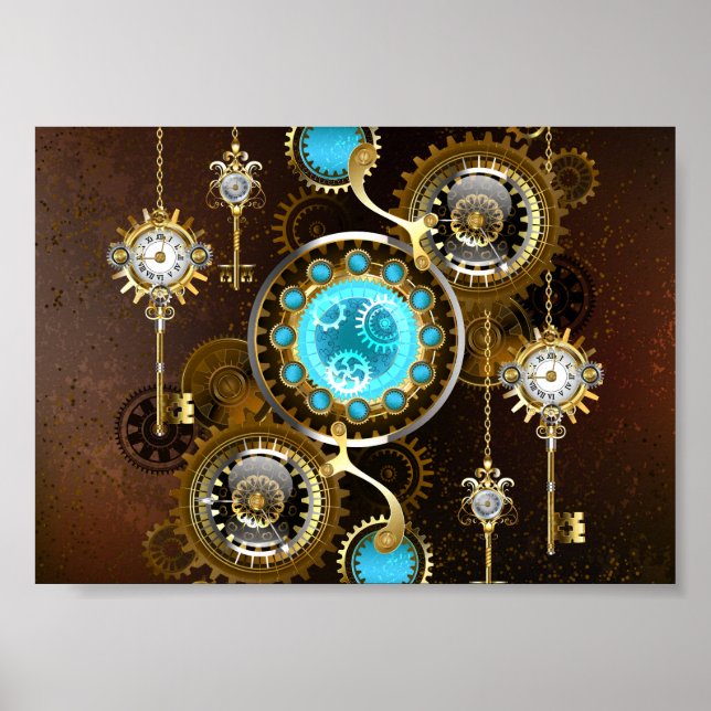 Steampunk Rusty Hintergrund mit türkisfarbenen Lin Poster (Vorne)