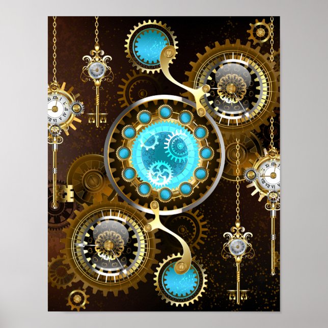 Steampunk Rusty Hintergrund mit türkisfarbenen Lin Poster (Vorne)
