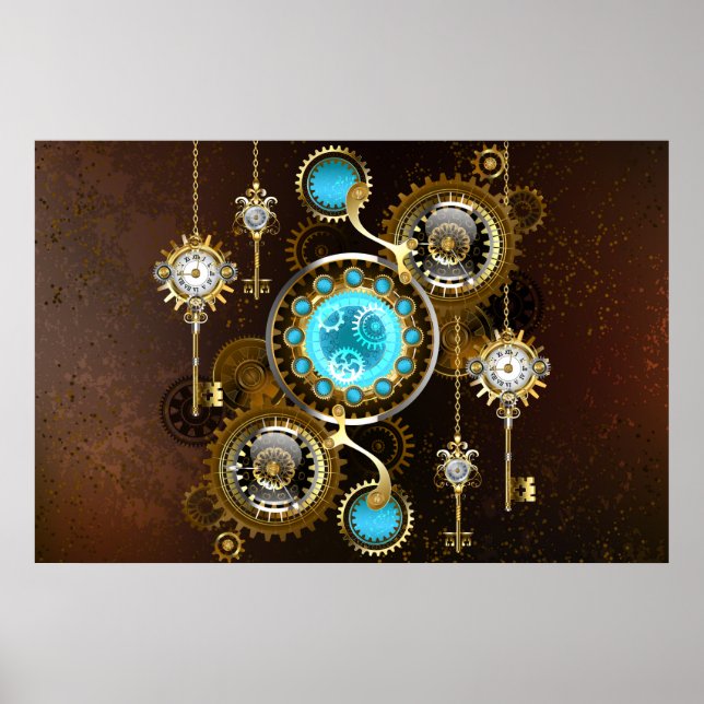 Steampunk Rusty Hintergrund mit türkisfarbenen Lin Poster (Vorne)