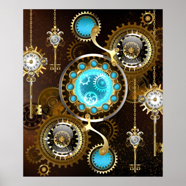 Steampunk Rusty Hintergrund mit türkisfarbenen Lin Poster (Vorne)