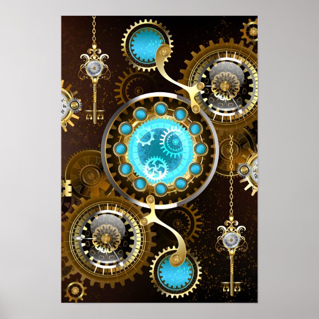 Steampunk Rusty Hintergrund mit türkisfarbenen Lin Poster (Vorne)