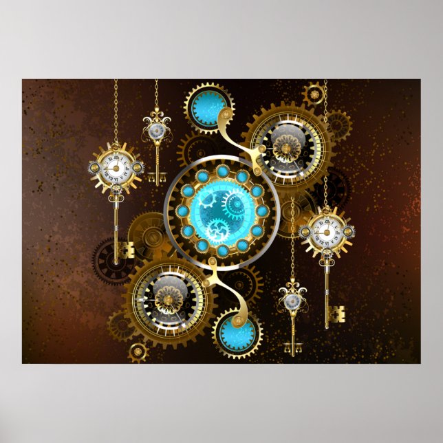 Steampunk Rusty Hintergrund mit türkisfarbenen Lin Poster (Vorne)