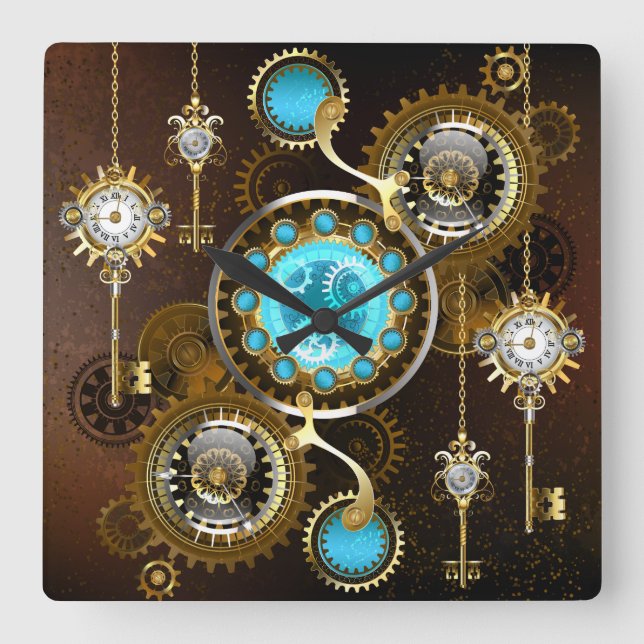 Steampunk Rusty Hintergrund mit türkisfarbenen Lin Quadratische Wanduhr (Vorderseite)