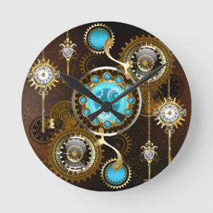 Steampunk Rusty Hintergrund mit türkisfarbenen Lin Runde Wanduhr