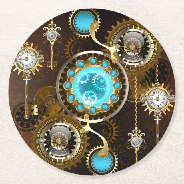 Steampunk Rusty Hintergrund mit türkisfarbenen Lin Runder Pappuntersetzer (Vorderseite)