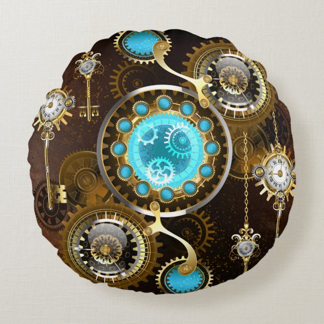 Steampunk Rusty Hintergrund mit türkisfarbenen Lin Rundes Kissen (Vorderseite)