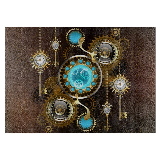 Steampunk Rusty Hintergrund mit türkisfarbenen Lin Schneidebrett (Vorderseite)