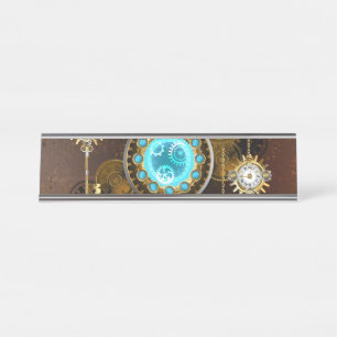 Steampunk Rusty Hintergrund mit türkisfarbenen Lin Schreibtischnamensplakette