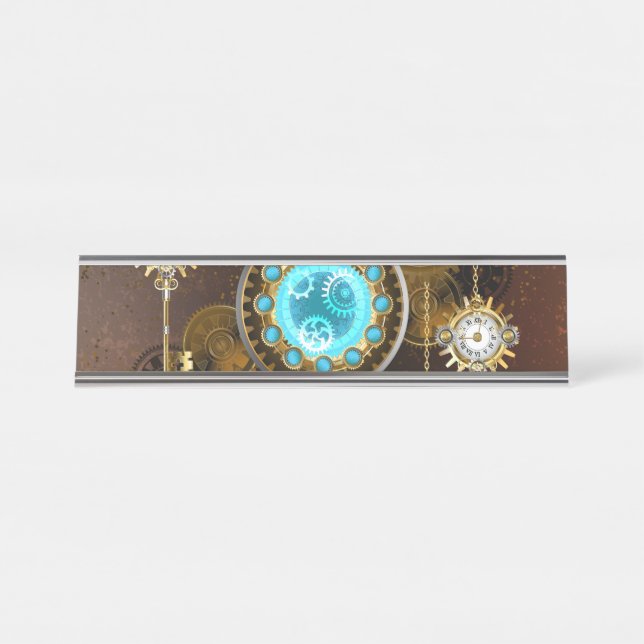 Steampunk Rusty Hintergrund mit türkisfarbenen Lin Schreibtischnamensplakette (Vorderseite )