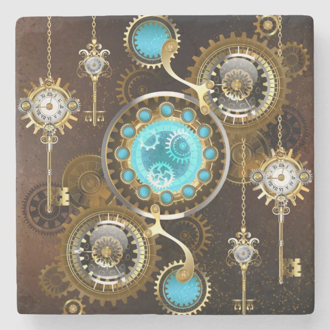 Steampunk Rusty Hintergrund mit türkisfarbenen Lin Steinuntersetzer (Vorderseite)