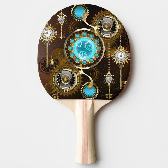 Steampunk Rusty Hintergrund mit türkisfarbenen Lin Tischtennis Schläger (Vorderseite)