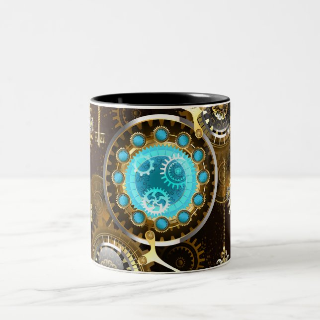 Steampunk Rusty Hintergrund mit türkisfarbenen Lin Zweifarbige Tasse (Mittel)