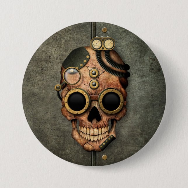 Steampunk Schädel mit Schutzbrillen - Stahleffekt Button (Vorderseite)