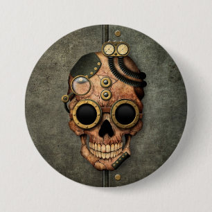 Steampunk Schädel mit Schutzbrillen - Stahleffekt Button
