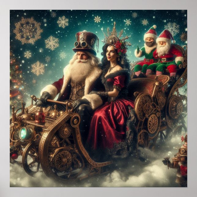 Steampunk Schlitten ~ Santa mit Ehefrau & Elfen 03 Poster (Vorne)