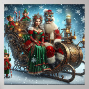 Steampunk Schlitten ~ Santa mit Ehefrau und Elfen Poster