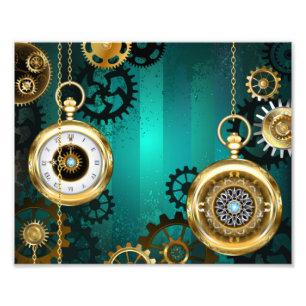 Steampunk-Schmuck Uhr auf grünem Hintergrund Fotodruck