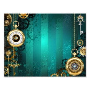 Steampunk-Schmuck Uhr auf grünem Hintergrund Fotodruck