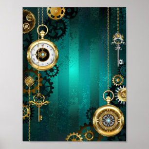 Steampunk-Schmuck Uhr auf grünem Hintergrund Poster