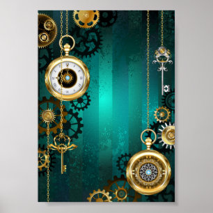 Steampunk-Schmuck Uhr auf grünem Hintergrund Poster