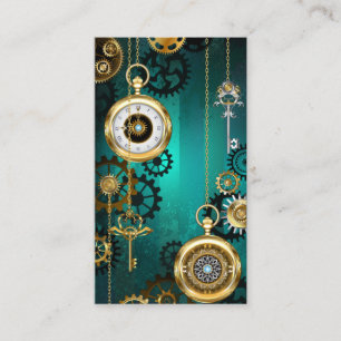 Steampunk-Schmuck Uhr auf grünem Hintergrund Visitenkarte