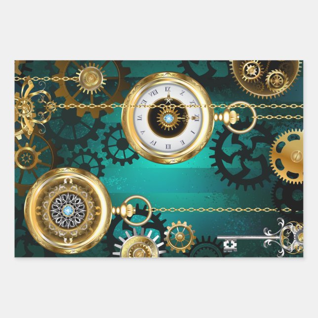 Steampunk-Schmuckschau auf grünem Hintergrund Geschenkpapier Set (Vorderseite)