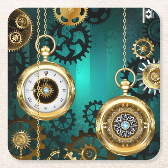 Steampunk-Schmuckschau auf grünem Hintergrund Rechteckiger Pappuntersetzer (Vorderseite)