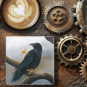 Steampunk Schwarzer Rabe Aufziehschlüssel Mechanis Glasuntersetzer