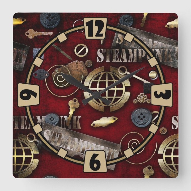 Steampunk, Scrapbooking Quadratische Wanduhr (Vorderseite)