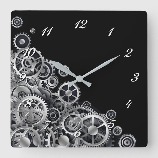 Steampunk silberne Gang-quadratische Wanduhr (Vorderseite)