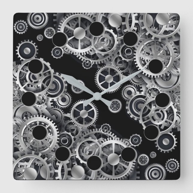 Steampunk Silver Gears 2 Carré Horloge murale (Recto)