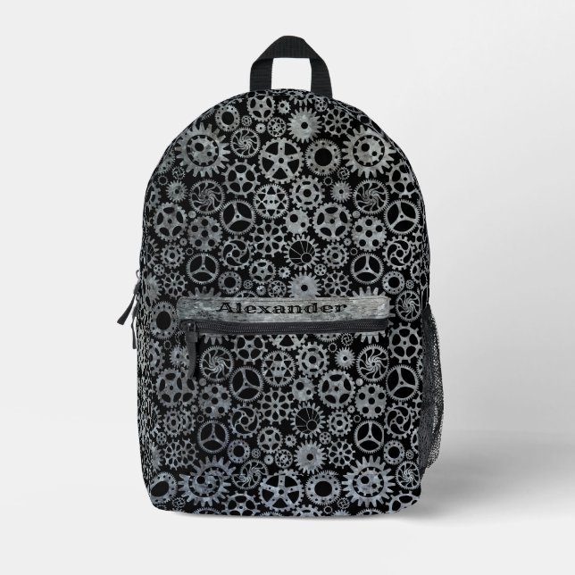 Steampunk Silver Zinc Bronze Gears Individuelle Na Bedruckter Rucksack (Vorderseite)