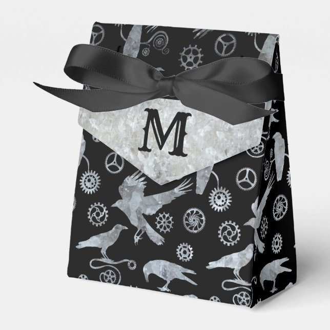 Steampunk Silver Zinc Gears and Crows Monogram Geschenkschachtel (Vorderseite)