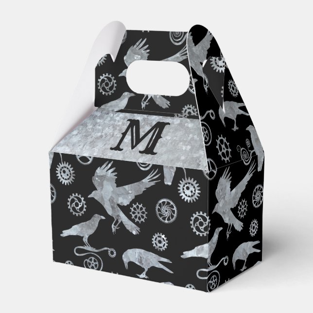 Steampunk Silver Zinc Gears & Crows Monogram Gable Geschenkschachtel (Vorderseite)