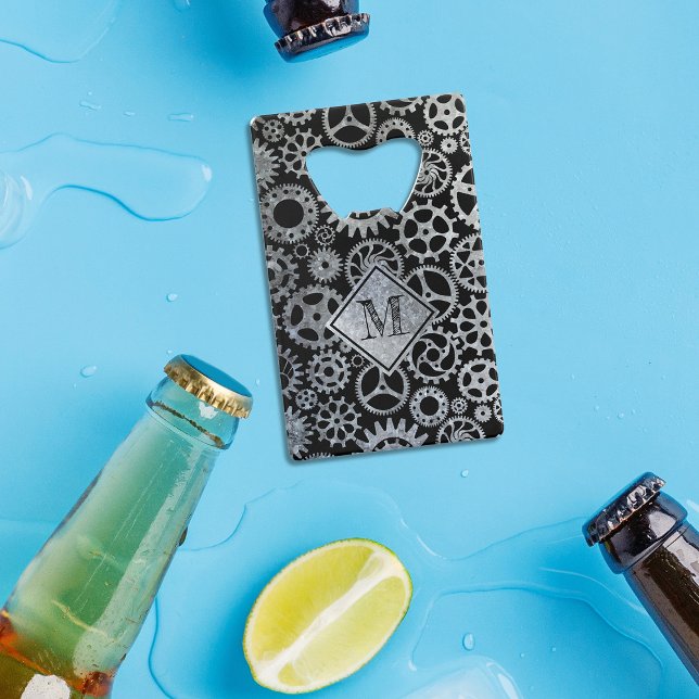 Steampunk Silver Zinc Gears Custom Monogram Geldbeutel Flaschenöffner (Von Creator hochgeladen)