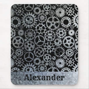 Steampunk Silver Zinc Gears Individuelle Name Mousepad