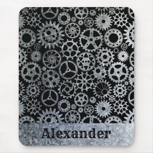Steampunk Silver Zinc Gears Individuelle Name Mousepad (Vorne)