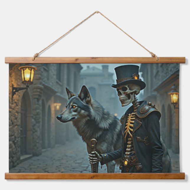 Steampunk Skeleton und Wolf Wandteppich Mit Holzrahmen (Vorne)