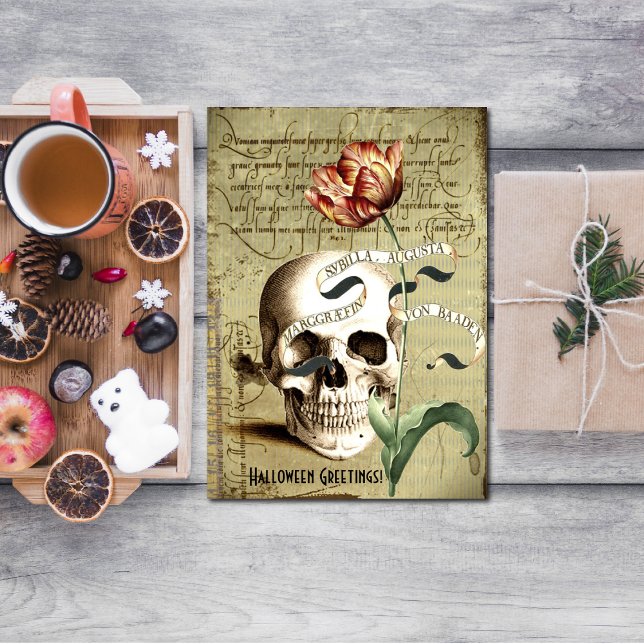 Steampunk Skull Floral Writing Halloween 3,5" x 5" Einladung (Von Creator hochgeladen)