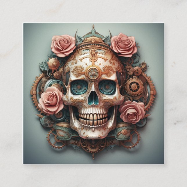 Steampunk Skull mit Blume Hintergrund Quadratische Visitenkarte (Vorderseite)