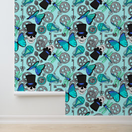 Steampunk Skulls and Gears Pattern Blau Tapete