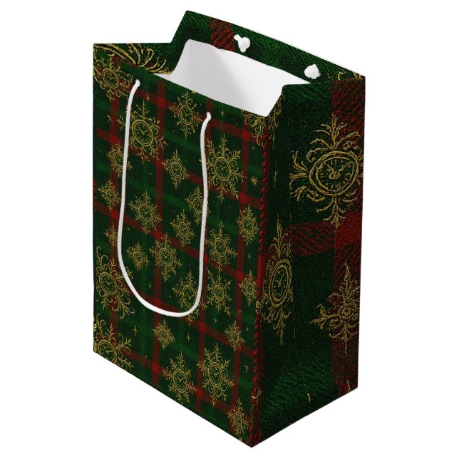 Steampunk Snowflake Rot und Grüner Tartan Mittlere Geschenktüte (Vorderseite Schrägansicht)