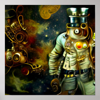 Steampunk Spaceman Astronaut und Mond Poster