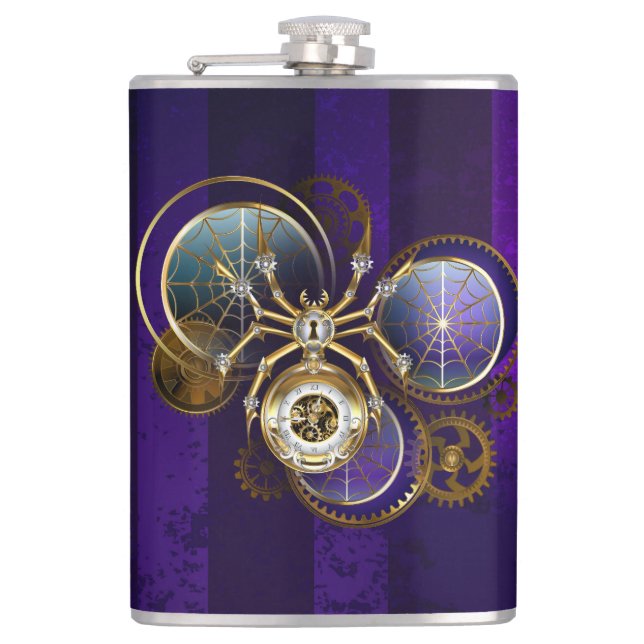 Steampunk Spider im Lila Hintergrund Flachmann (Vorderseite)