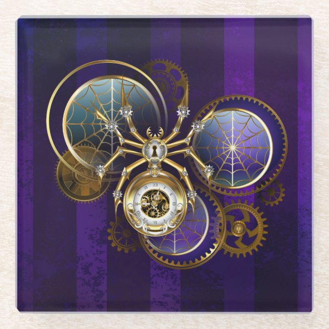 Steampunk Spider im Lila Hintergrund Glasuntersetzer (Vorderseite)