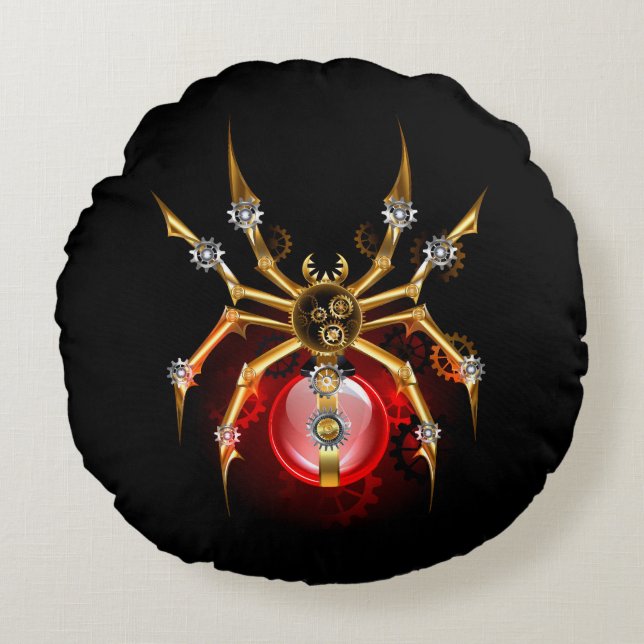 Steampunk spider on black rundes kissen (Vorderseite)