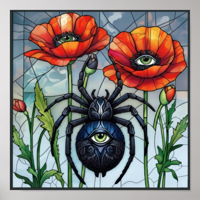 Steampunk-Spinne-Mohn-Blumen-Insekten-Kunst Poster (Vorne)